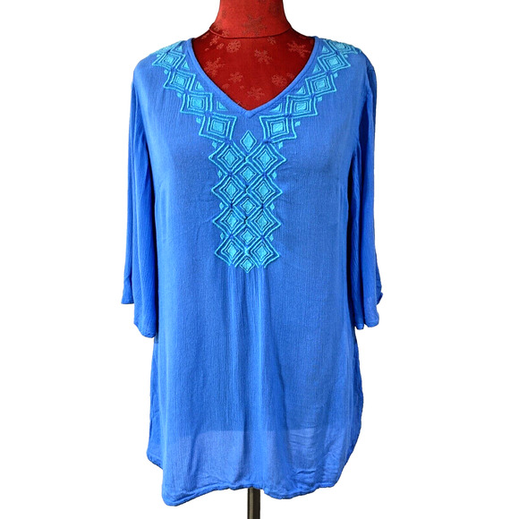 Lilly Pulitzer S/P Blue Tunic Top Blouse 3/4 Sleeve Green Embroidery Cover Up - Picture 1 of 9